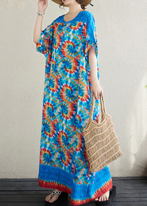 Boho Blue Oversized Print Cotton Vacation Dress Batwing Sleeve - Image 4