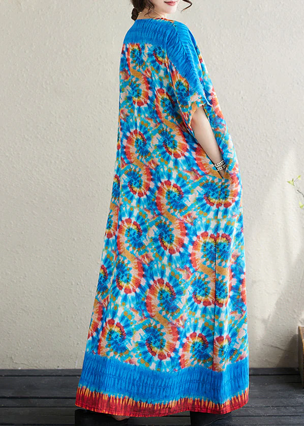 Boho Blue Oversized Print Cotton Vacation Dress Batwing Sleeve - Image 5