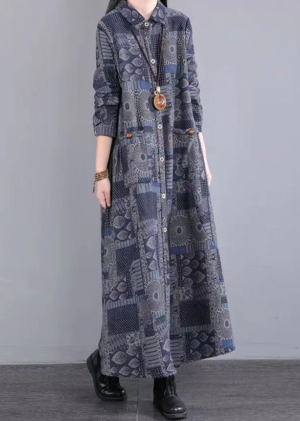 Boho Blue Peter Pan Collar Print Patchwork Warm Fleece Dress Fall - Image 2