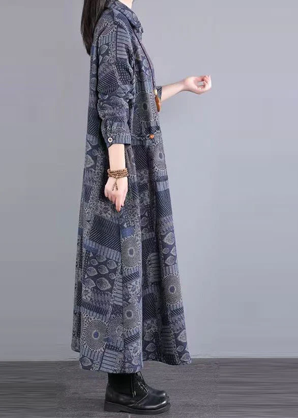 Boho Blue Peter Pan Collar Print Patchwork Warm Fleece Dress Fall - Image 3