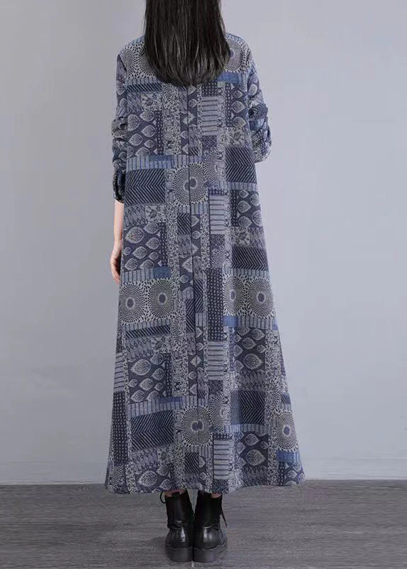 Boho Blue Peter Pan Collar Print Patchwork Warm Fleece Dress Fall - Image 4