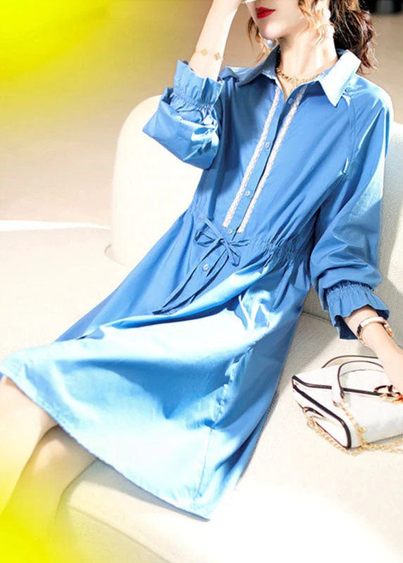 Boho Blue PeterPan Collar fashion Cotton Dress Spring - Image 3