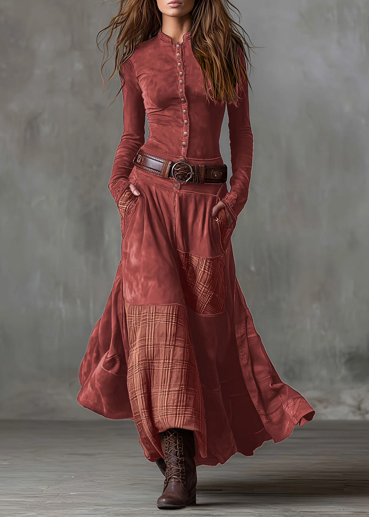 Boho Blue Plaid Patchwork Faux Suede Maxi Dresses Spring - Image 3