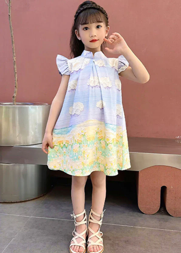 Boho Blue Print Button Girls Mid Dress Short Sleeve - Image 2