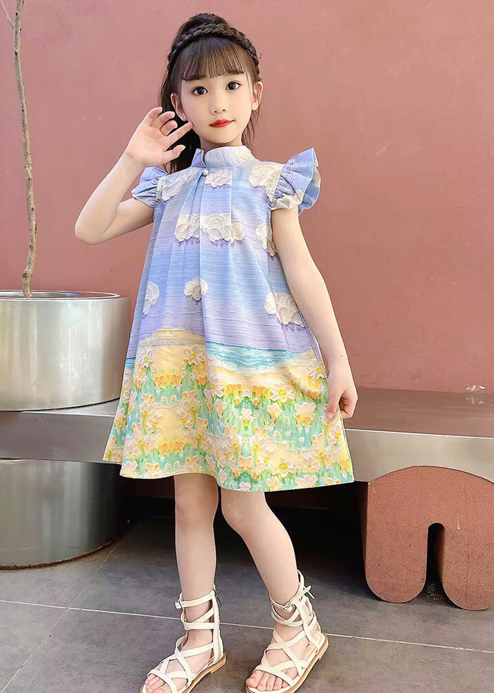 Boho Blue Print Button Girls Mid Dress Short Sleeve - Image 3