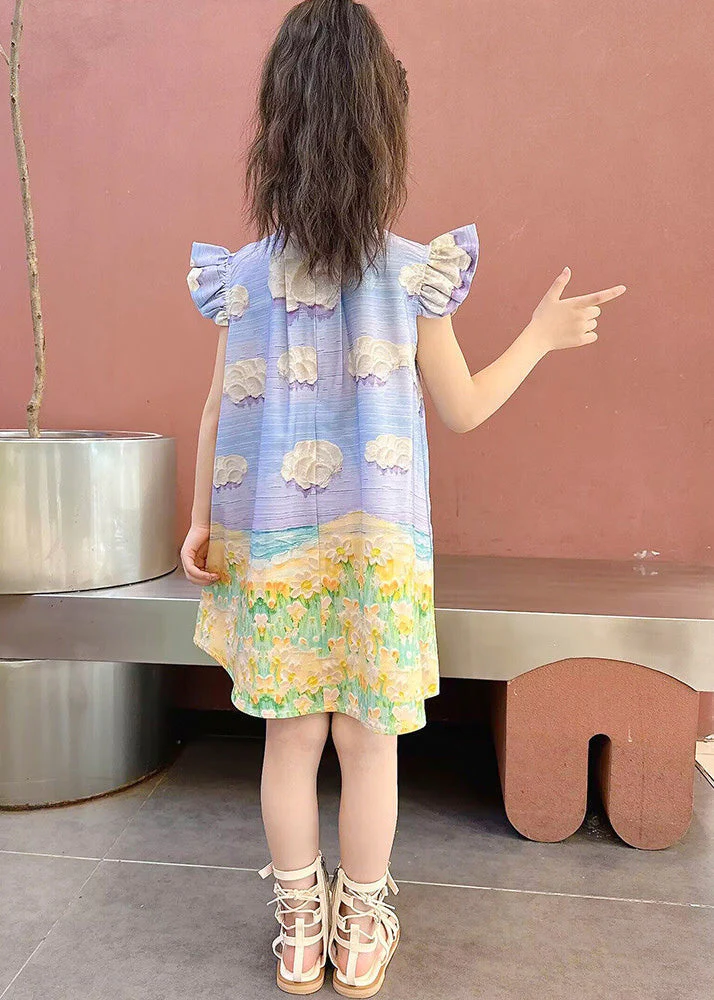Boho Blue Print Button Girls Mid Dress Short Sleeve - Image 4
