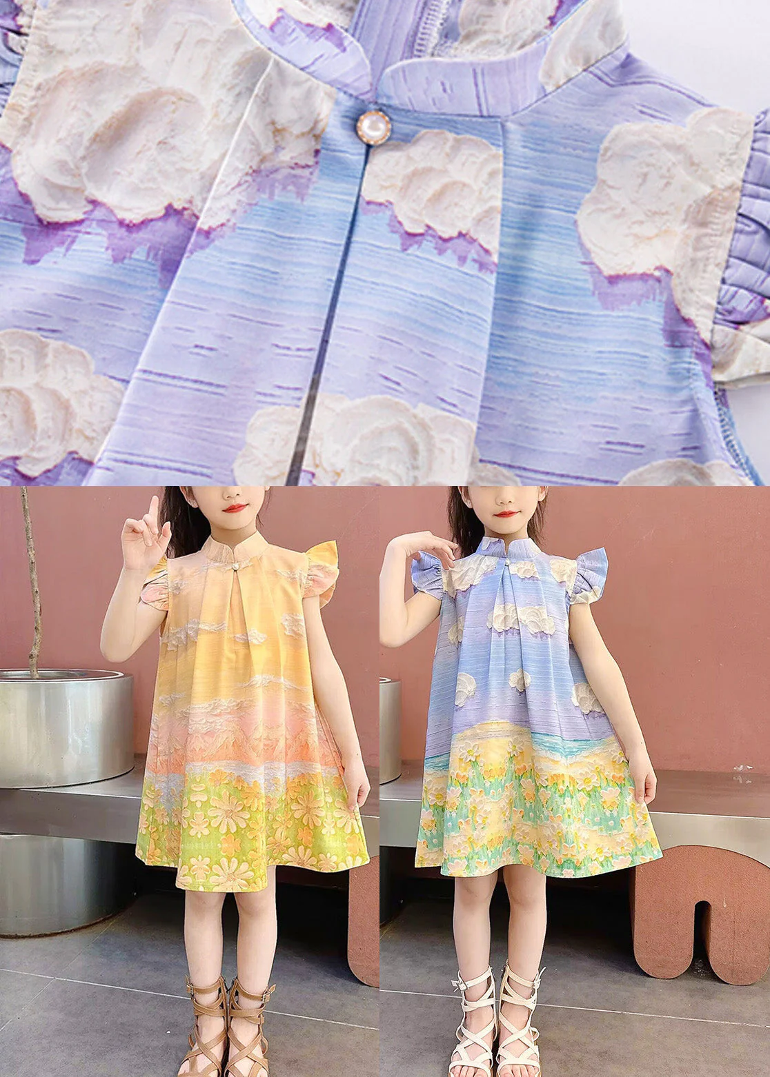 Boho Blue Print Button Girls Mid Dress Short Sleeve - Image 5