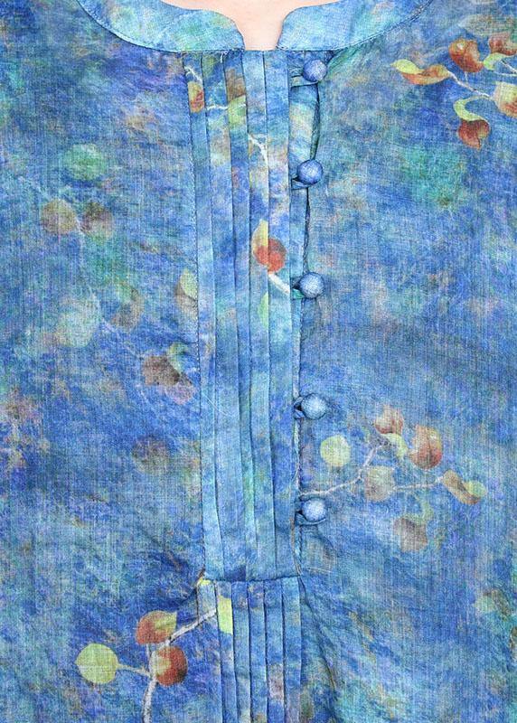 Boho Blue Print O-Neck Summer Ramie Long Dress Half Sleeve - Image 5
