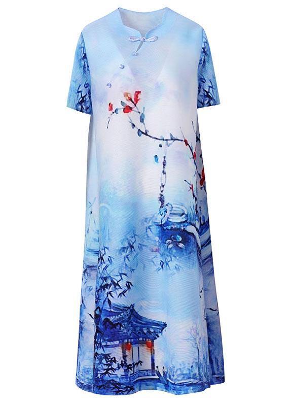 Boho Blue Print Oriental Mid Dress Summer - Image 4