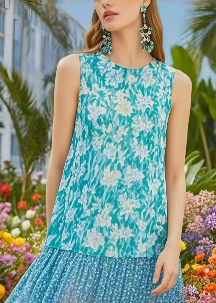 Boho Blue Print Patchwork Chiffon Holiday Dress Low High Design Sleeveless - Image 2