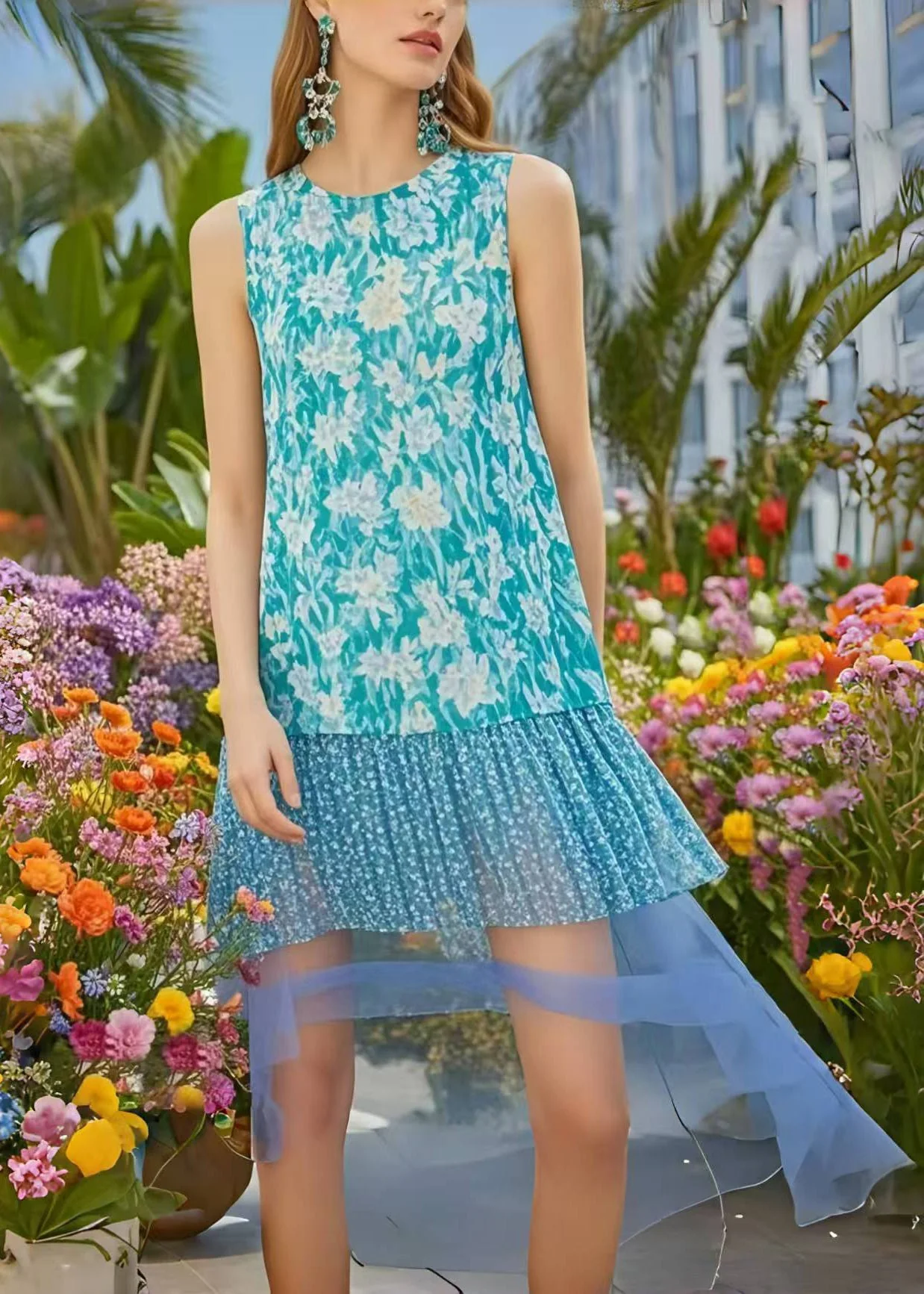 Boho Blue Print Patchwork Chiffon Holiday Dress Low High Design Sleeveless - Image 3