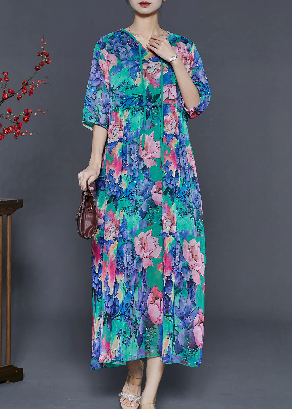 Boho Blue Ruffled Print Chiffon Hooded Dress Summer - Image 2