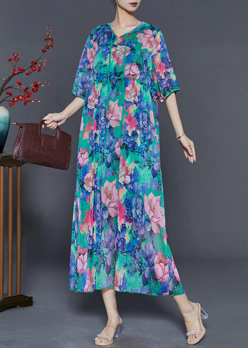 Boho Blue Ruffled Print Chiffon Hooded Dress Summer - Image 3