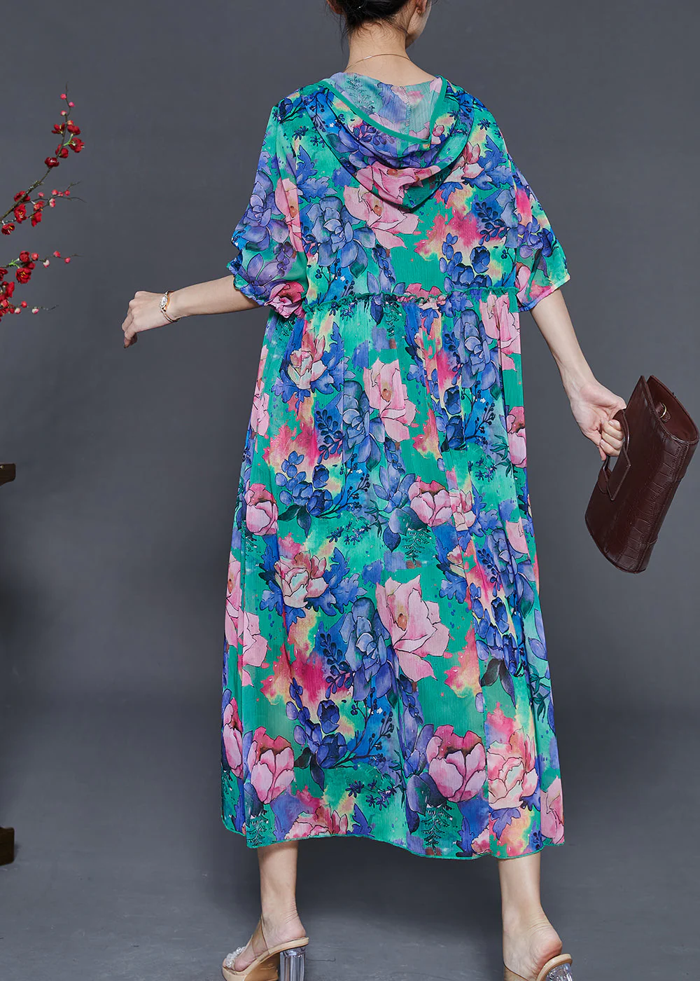 Boho Blue Ruffled Print Chiffon Hooded Dress Summer - Image 4