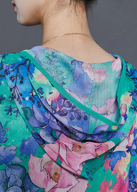 Boho Blue Ruffled Print Chiffon Hooded Dress Summer - Image 5
