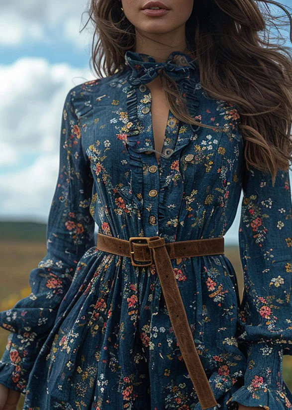 Boho Blue Ruffled Print Cotton Short Dresses Long Sleeve - Image 2
