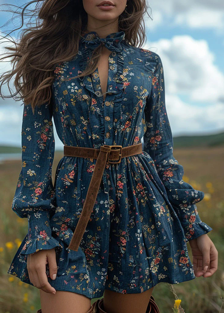Boho Blue Ruffled Print Cotton Short Dresses Long Sleeve - Image 3