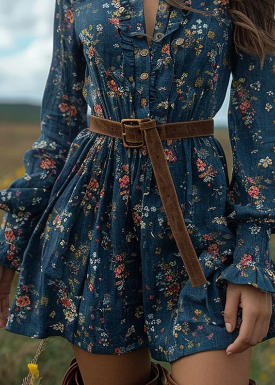 Boho Blue Ruffled Print Cotton Short Dresses Long Sleeve - Image 4