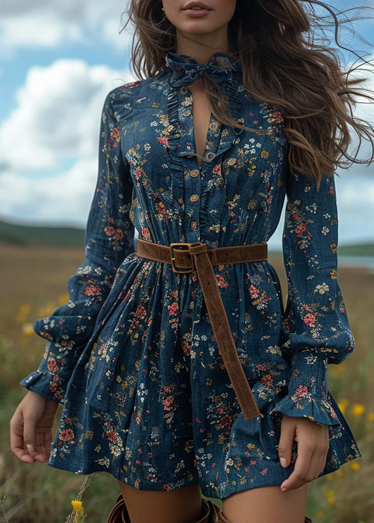 Boho Blue Ruffled Print Cotton Short Dresses Long Sleeve - Image 5