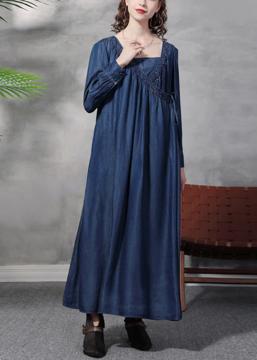 Boho Blue Square Collar tie waist Cotton Dresses Long Sleeve - Image 2