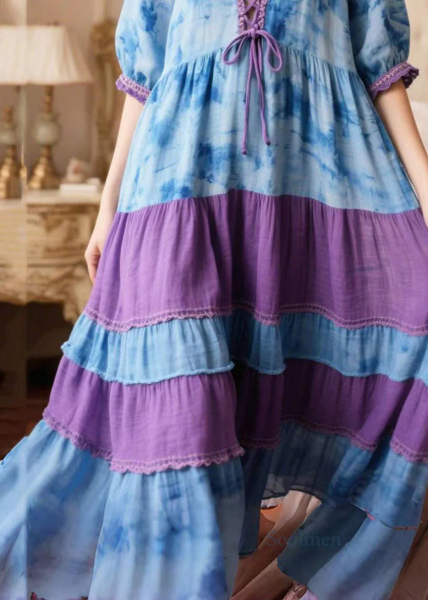 Boho Blue Tie Dye Patchwork Cross Strap Holiday Dress Summer - Image 4