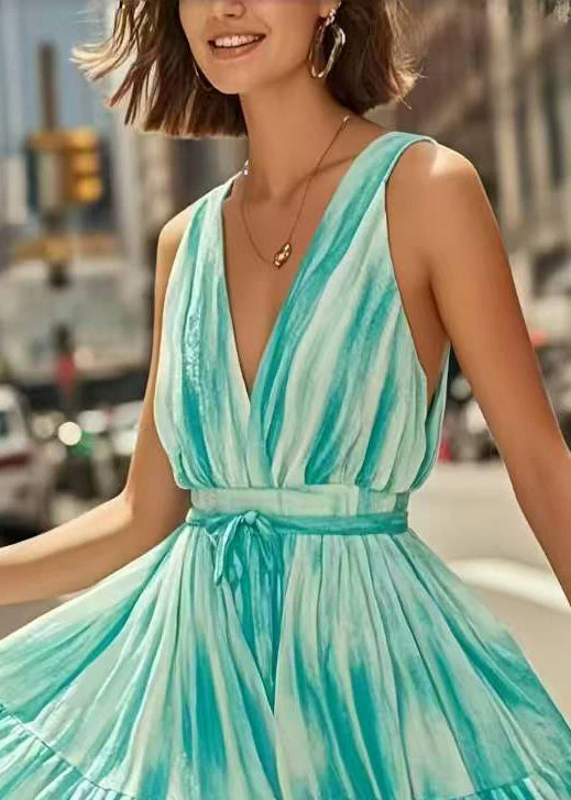Boho Blue Tie Dye Tie Waist Chiffon Mini Dress Summer - Image 2