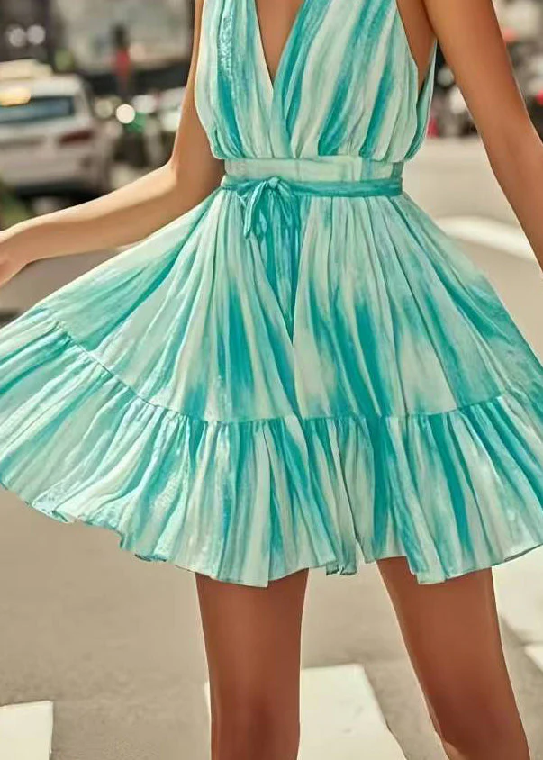 Boho Blue Tie Dye Tie Waist Chiffon Mini Dress Summer - Image 4