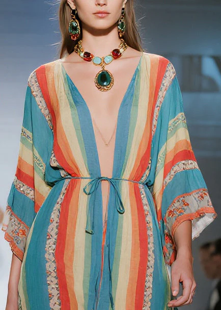 Boho Blue Tunic Striped Cotton Mini Dresses Summer - Image 2