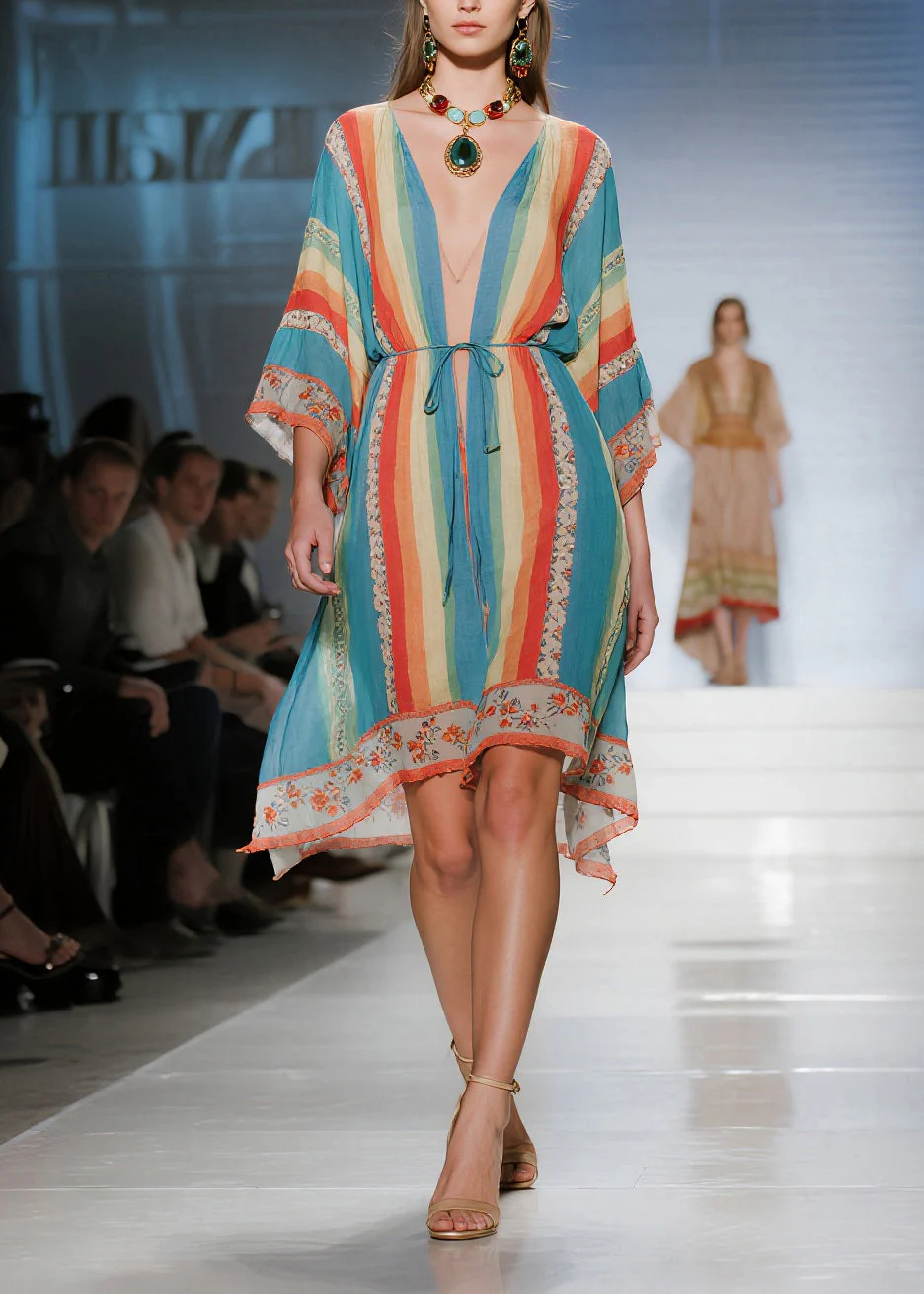 Boho Blue Tunic Striped Cotton Mini Dresses Summer - Image 3
