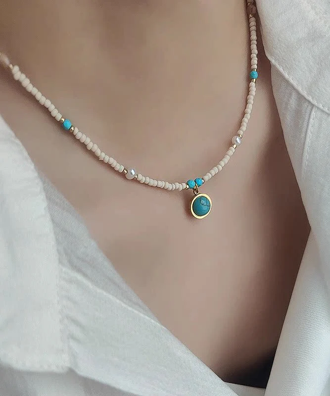 Boho Blue Turquoise With Fine Pearl Gratuated Bead Necklace - Image 2