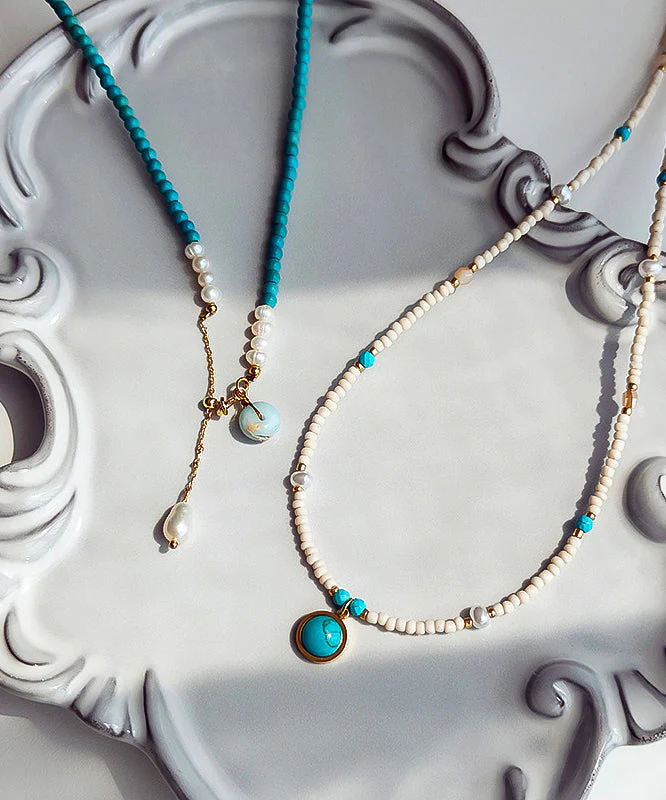 Boho Blue Turquoise With Fine Pearl Gratuated Bead Necklace - Image 3