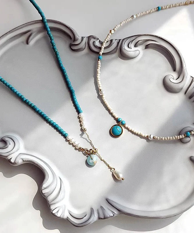 Boho Blue Turquoise With Fine Pearl Gratuated Bead Necklace - Image 4