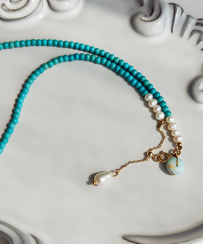 Boho Blue Turquoise With Fine Pearl Gratuated Bead Necklace - Image 5