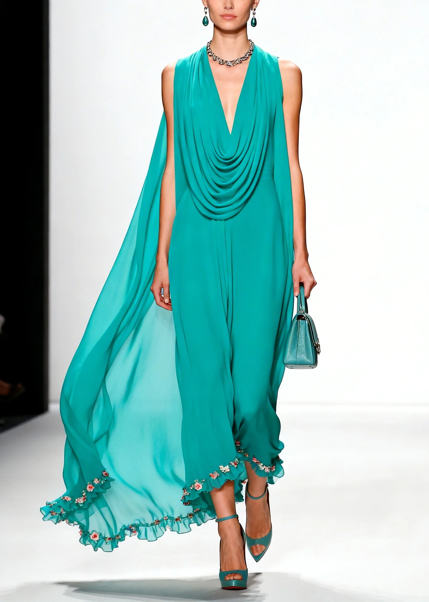Boho Blue Turtle Neck Floral Ruffled Chiffon Vacation Dresses Summer - Image 3