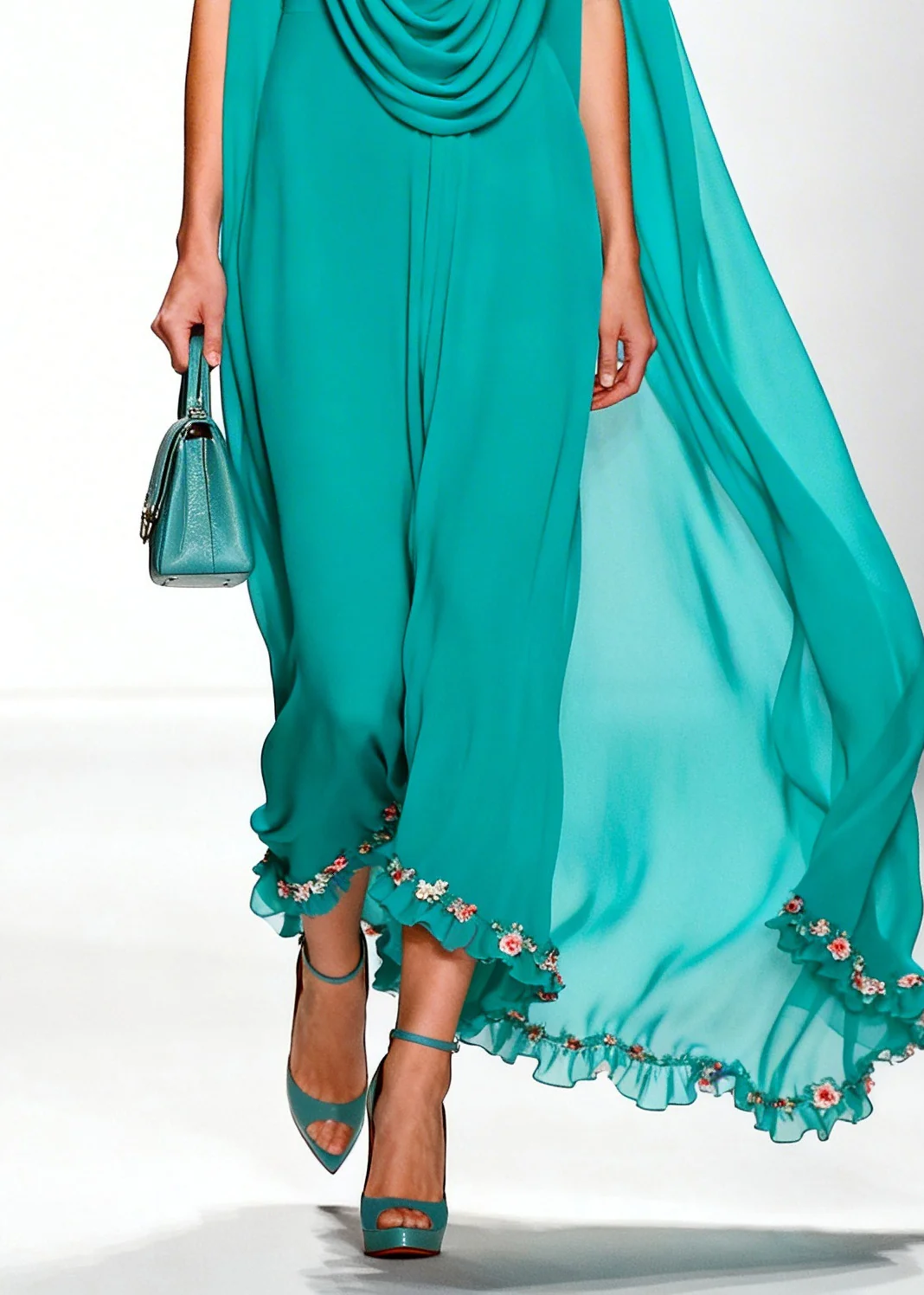 Boho Blue Turtle Neck Floral Ruffled Chiffon Vacation Dresses Summer - Image 4