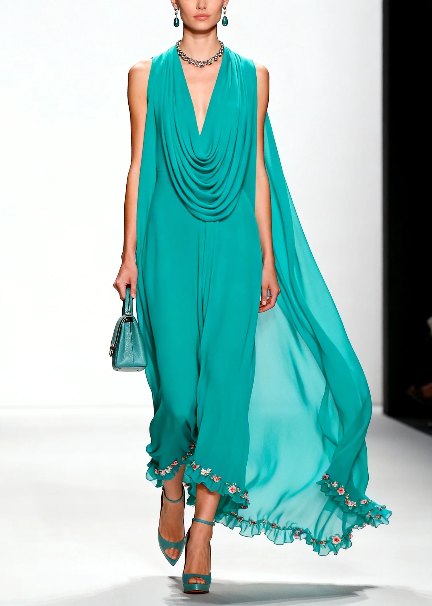 Boho Blue Turtle Neck Floral Ruffled Chiffon Vacation Dresses Summer - Image 5