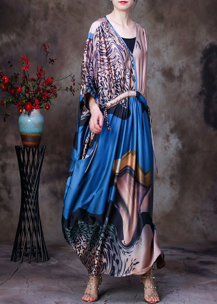 Boho Blue V Neck Patchwork Print Drawstring Pockets Silk Dress Long Sleeve - Image 2