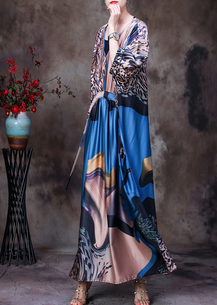 Boho Blue V Neck Patchwork Print Drawstring Pockets Silk Dress Long Sleeve - Image 3