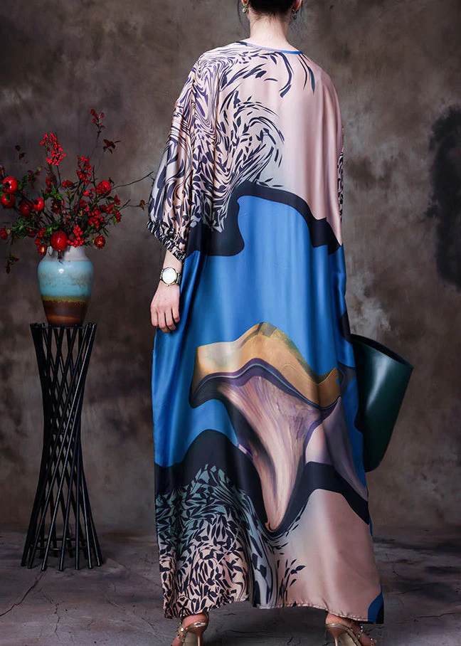Boho Blue V Neck Patchwork Print Drawstring Pockets Silk Dress Long Sleeve - Image 4