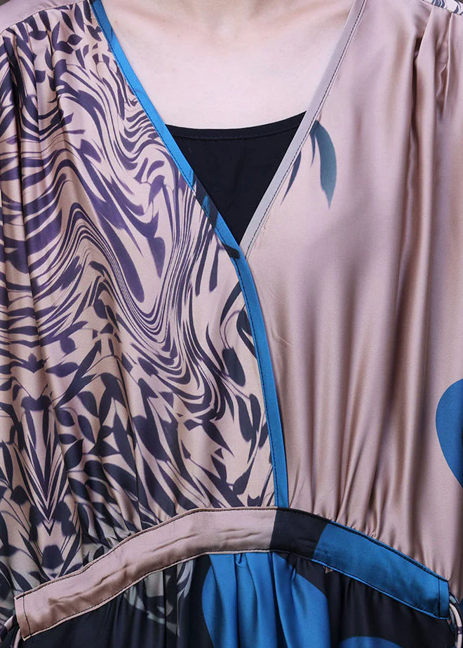 Boho Blue V Neck Patchwork Print Drawstring Pockets Silk Dress Long Sleeve - Image 5