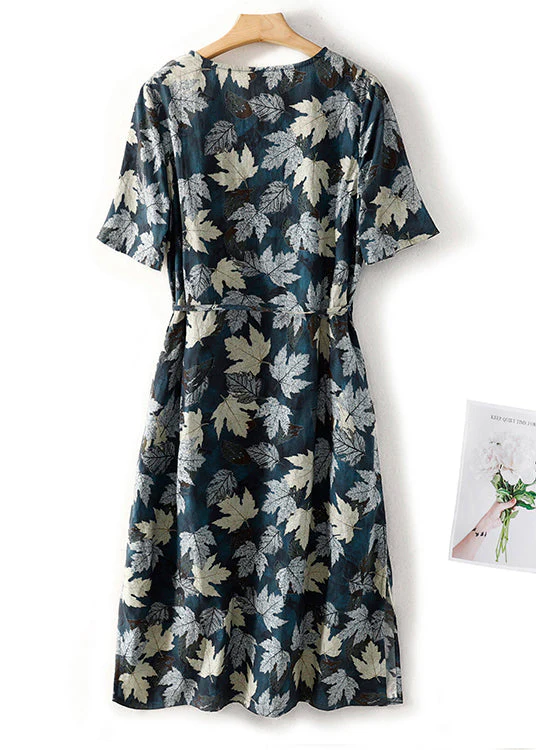 Boho Blue V Neck Print Tie Waist Cotton Dress Summer - Image 2