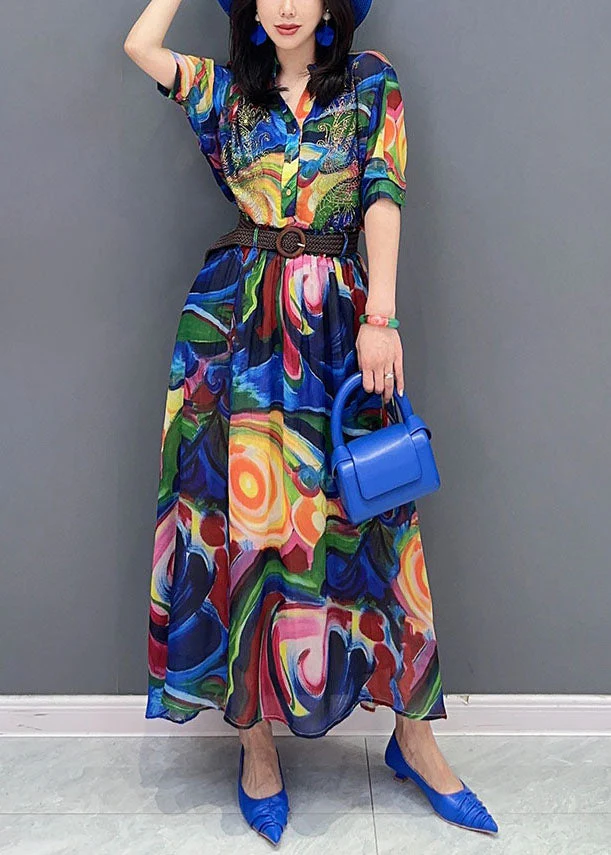 Boho Blue Wrinkled Print Patchwork Chiffon Shirts Dresses Summer - Image 2