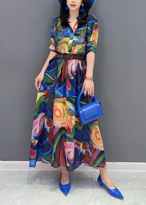 Boho Blue Wrinkled Print Patchwork Chiffon Shirts Dresses Summer - Image 3