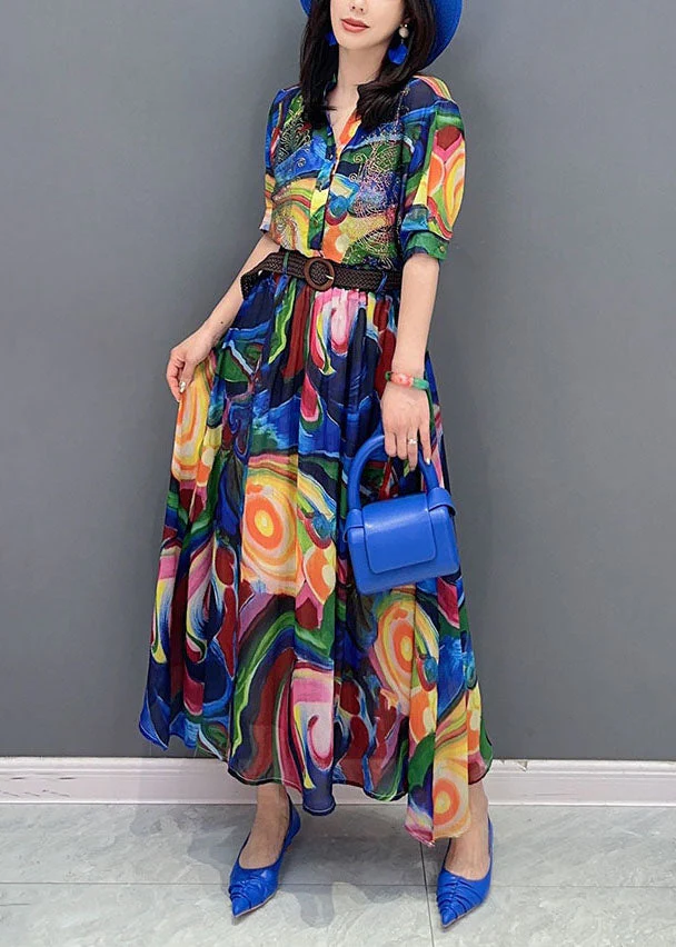 Boho Blue Wrinkled Print Patchwork Chiffon Shirts Dresses Summer - Image 4