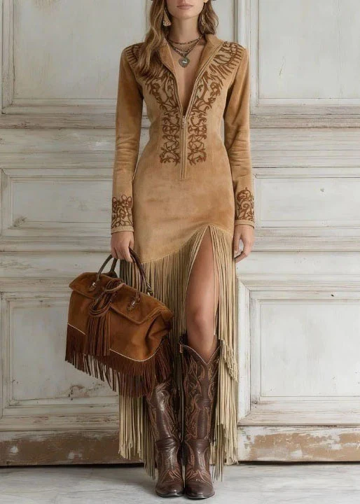 Boho Blue Zip Up Tassel Patchwork Faux Suede Long Dresses Fall - Image 3
