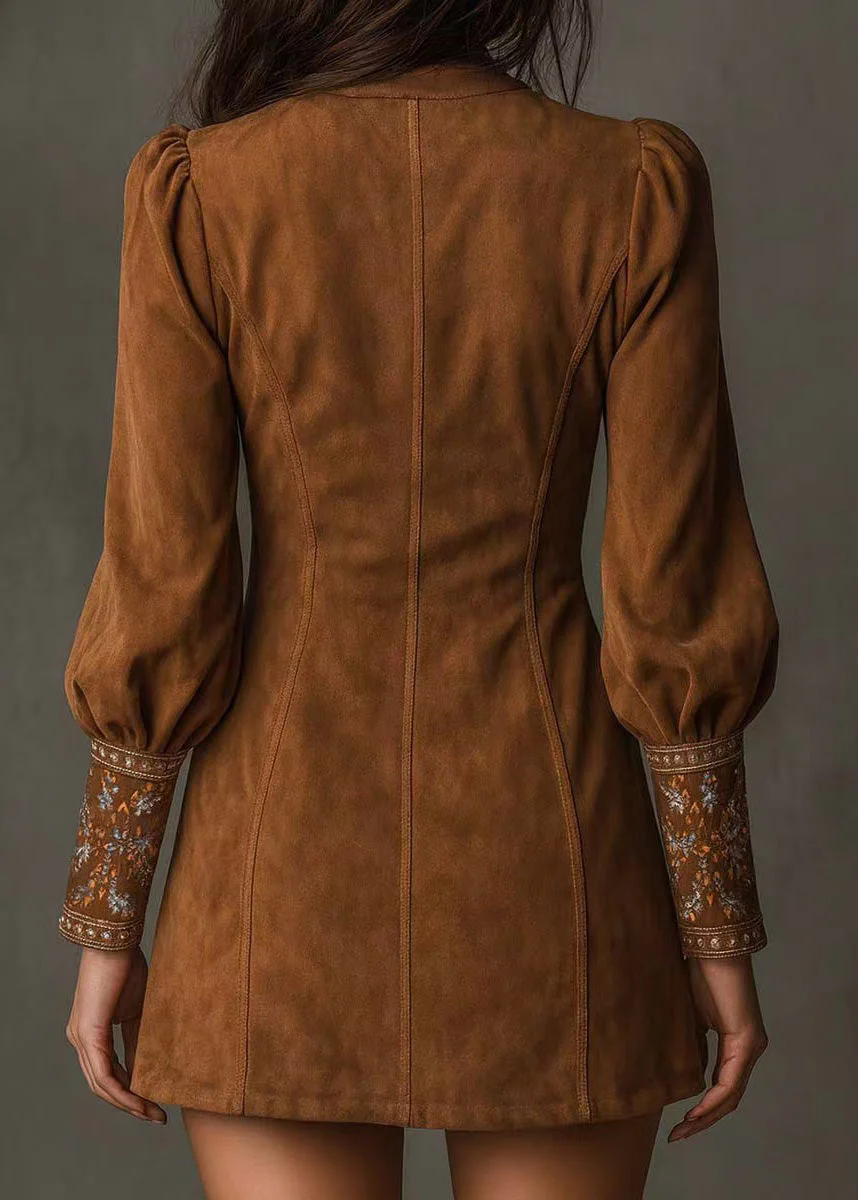 Boho Brown Embroidered Faux Suede Mid Dress Spring - Image 3
