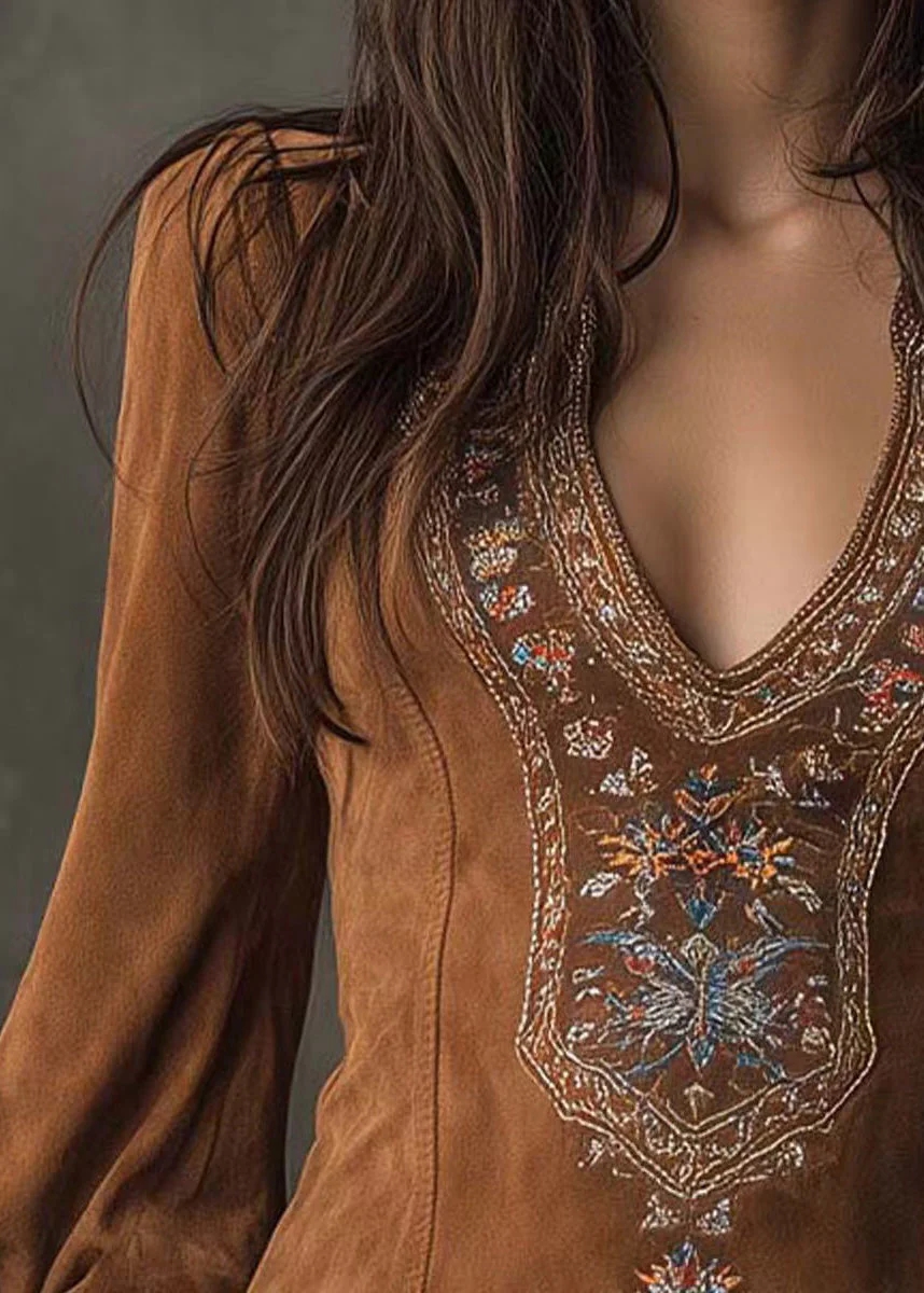 Boho Brown Embroidered Faux Suede Mid Dress Spring - Image 4