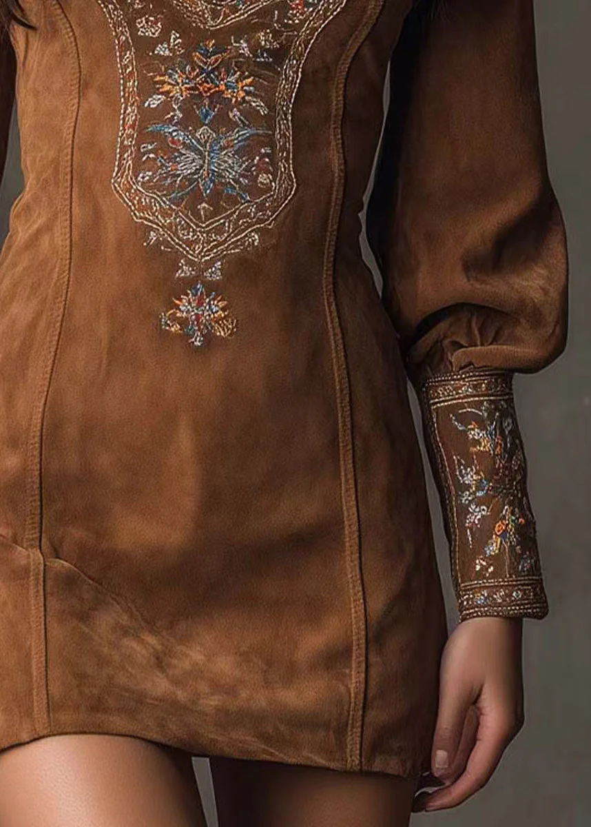 Boho Brown Embroidered Faux Suede Mid Dress Spring - Image 5