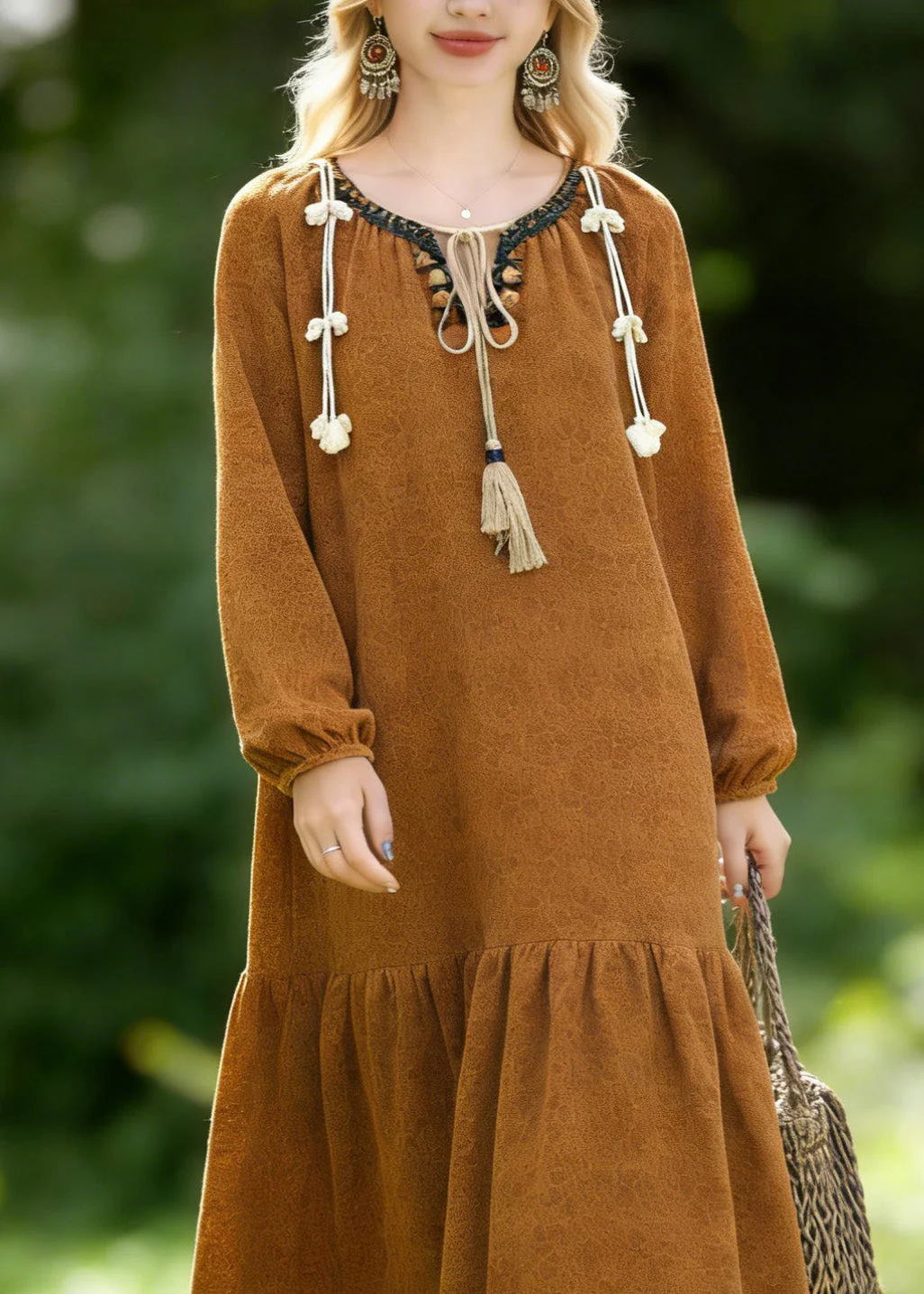 Boho Brown O Neck Jacquard Lace Vacation Dresses Spring - Image 2