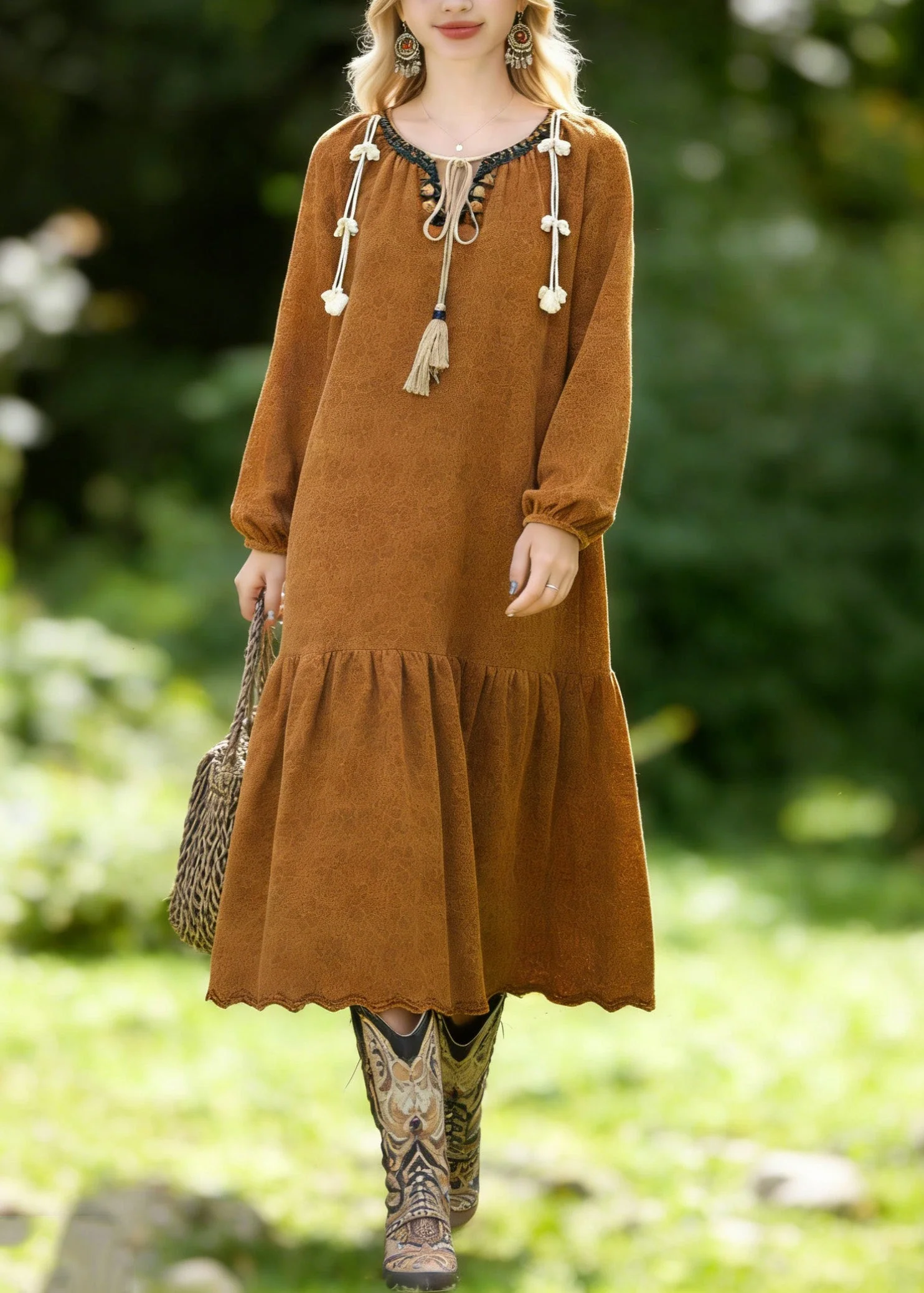 Boho Brown O Neck Jacquard Lace Vacation Dresses Spring - Image 3